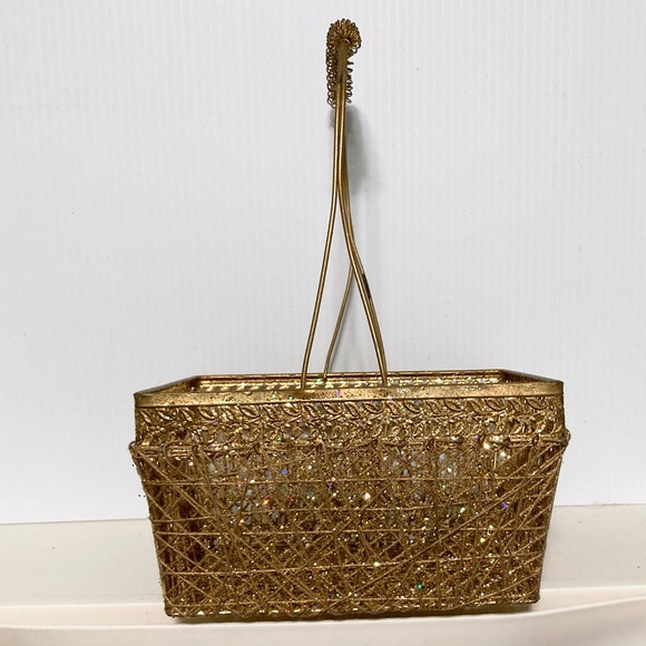 GOLD TONE Sparkly Glitter Wire Rectangle Basket w Handle 12 x 7.5 x6.5 inches - Picture 9 of 15